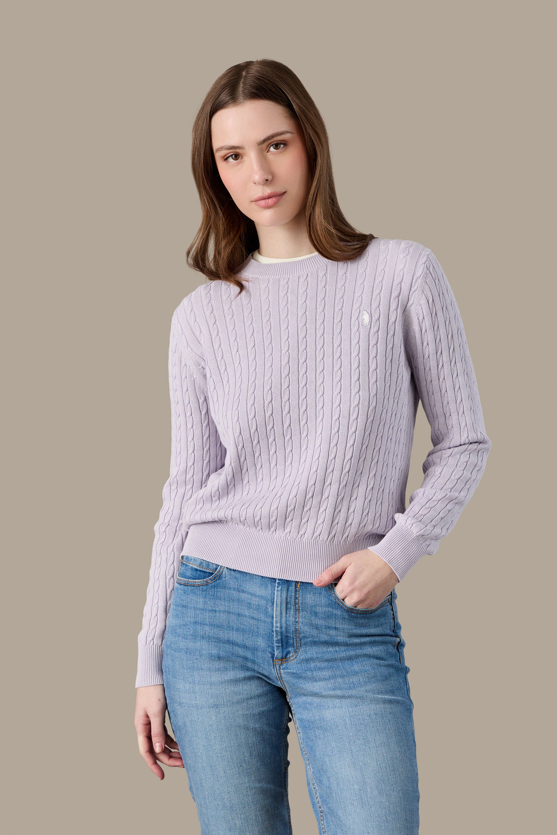 MAGLIA DONNA CABLE CREWNECK PINK | REFRIGUE
